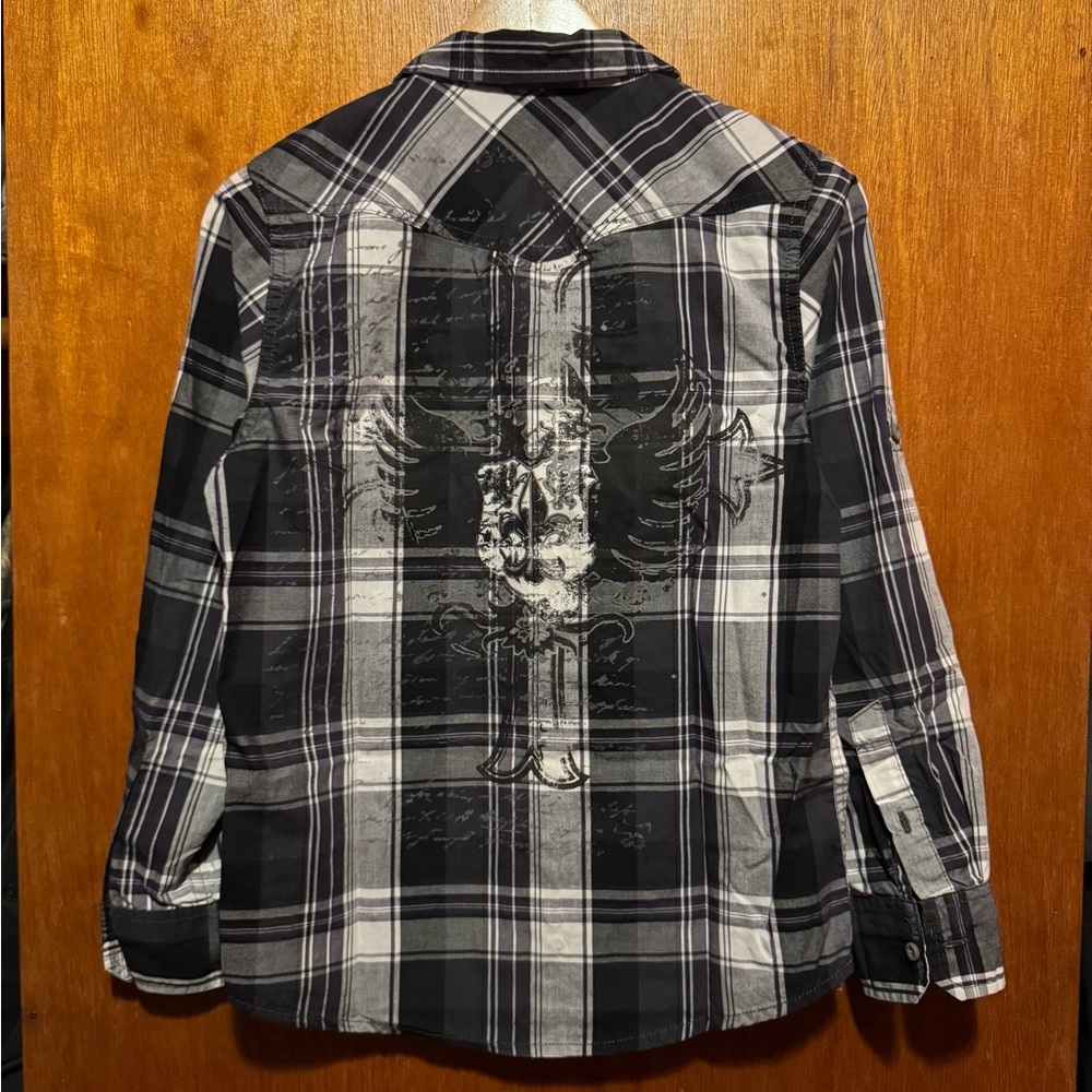 Black and White Plaid Shirt with Eagle Design